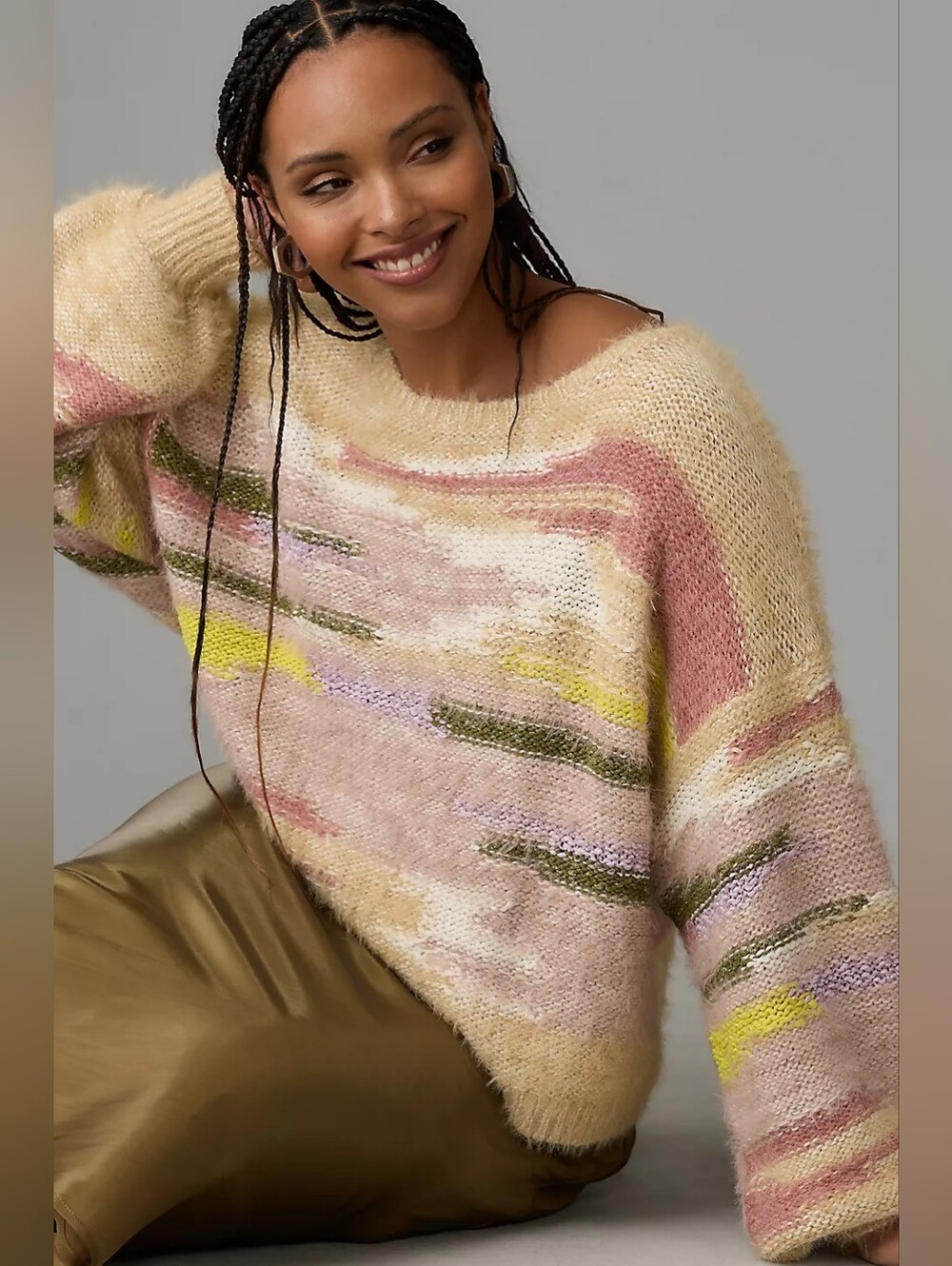 Anthropologie Pilcro Boat Neck Cropped Sweater Chunky Knit Striped Size M Boho